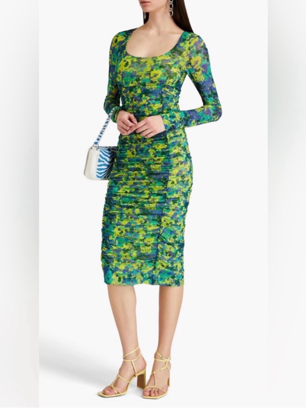 Ganni Green & Blue Floral-Print Ruched Midi Dress